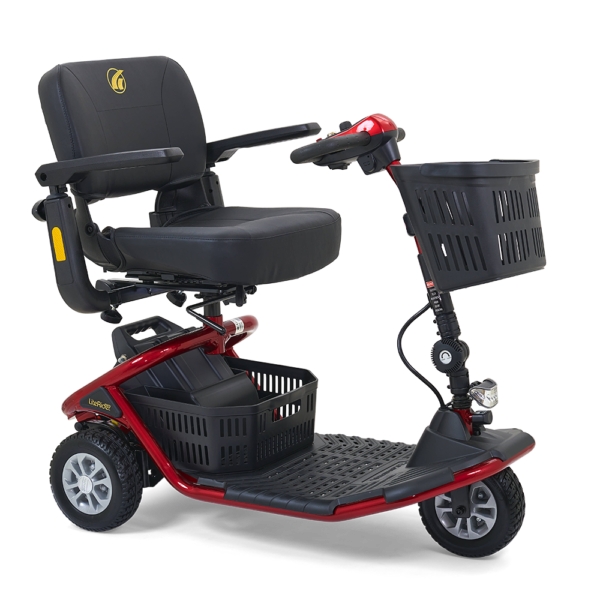 LiteRider 3-Wheel mobility scooter with a padded seat, large front basket, and three sturdy wheels, designed for easy indoor and outdoor use.