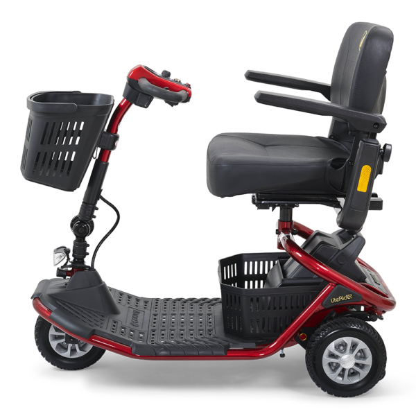 LiteRider 3-Wheel mobility scooter with a padded seat, large front basket, and three sturdy wheels, designed for easy indoor and outdoor use.