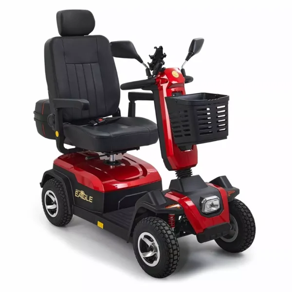Golden Eagle Mobility Scooter in crimson red with large tires and a high-back Captain's seat, designed for outdoor use.