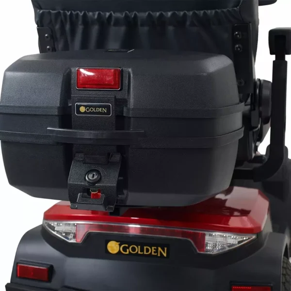 Golden Eagle Mobility Scooter in crimson red with large tires and a high-back Captain's seat, designed for outdoor use.