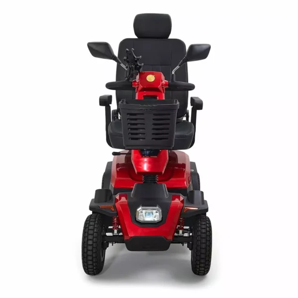 Golden Eagle Mobility Scooter in crimson red with large tires and a high-back Captain's seat, designed for outdoor use.