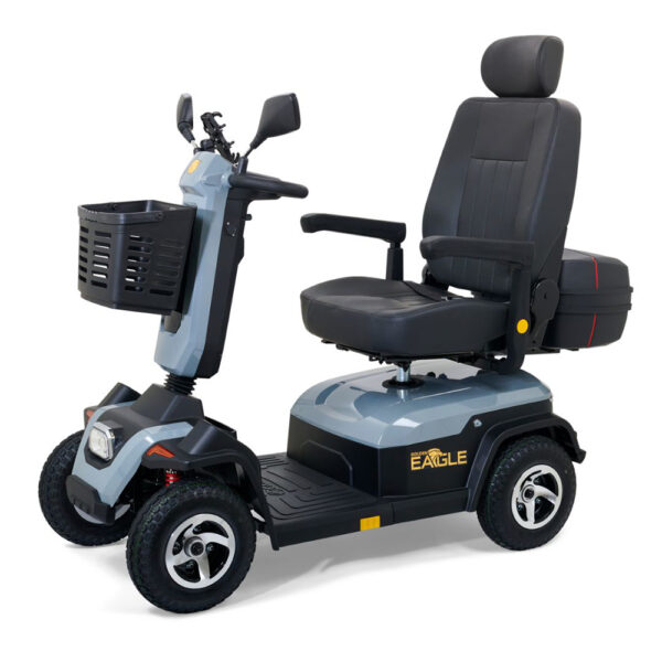 Golden Eagle Mobility Scooter in crimson red with large tires and a high-back Captain's seat, designed for outdoor use.