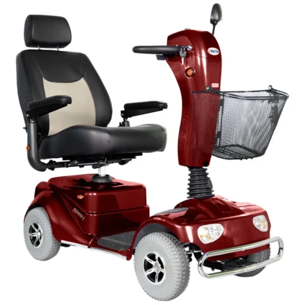 Pioneer 4 Power Scooter with large pneumatic tires, high-back captain’s seat, and adjustable tiller designed for all-terrain outdoor mobility.