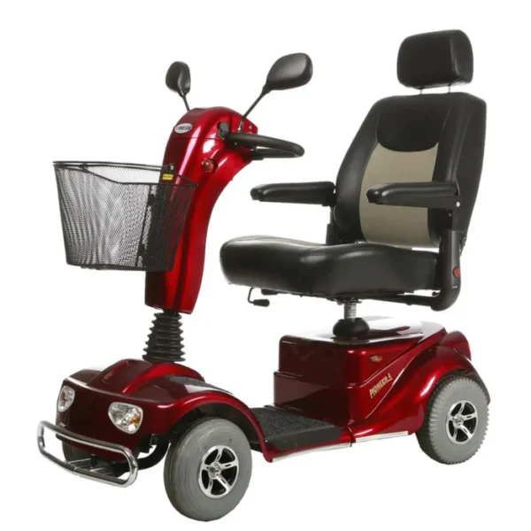 Pioneer 4 Power Scooter with large pneumatic tires, high-back captain’s seat, and adjustable tiller designed for all-terrain outdoor mobility.