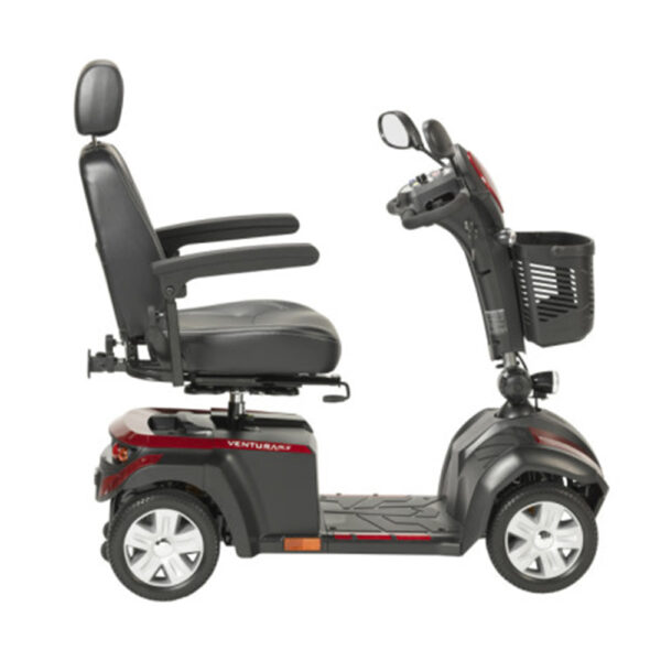 Ventura DLX 4-Wheel Scooter in red, adjustable captain’s seat, and large flat-free tires for indoor and outdoor use.