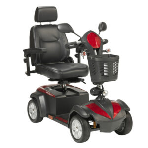 Ventura DLX 4-Wheel Scooter in red, adjustable captain’s seat, and large flat-free tires for indoor and outdoor use.