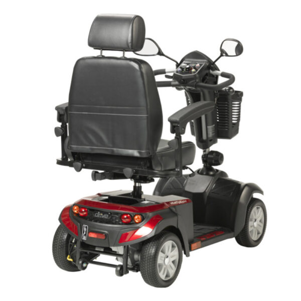 Ventura DLX 4-Wheel Scooter in red, adjustable captain’s seat, and large flat-free tires for indoor and outdoor use.