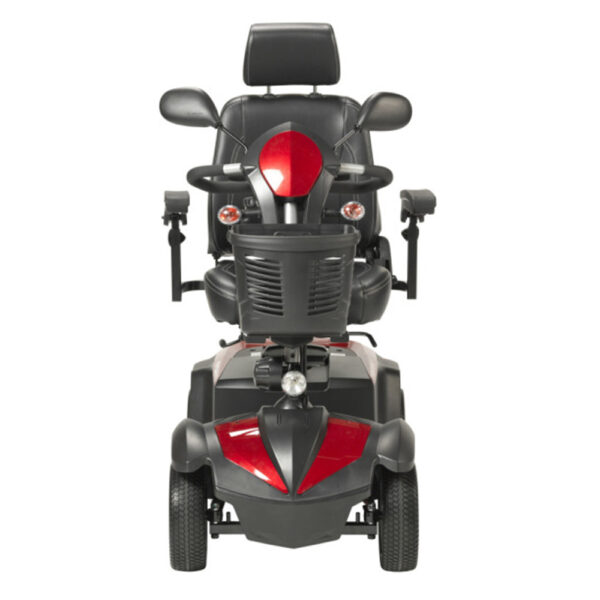 Ventura DLX 4-Wheel Scooter in red, adjustable captain’s seat, and large flat-free tires for indoor and outdoor use.