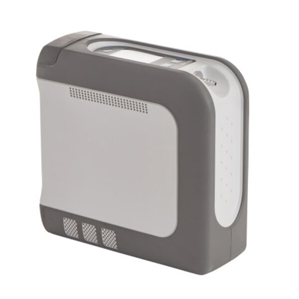 iGO2 Portable Oxygen Concentrator (Model 125D) featuring a compact design, SmartDose technology, Bluetooth connectivity, and a protective rugged overmold. Weighs less than 5 lbs.
