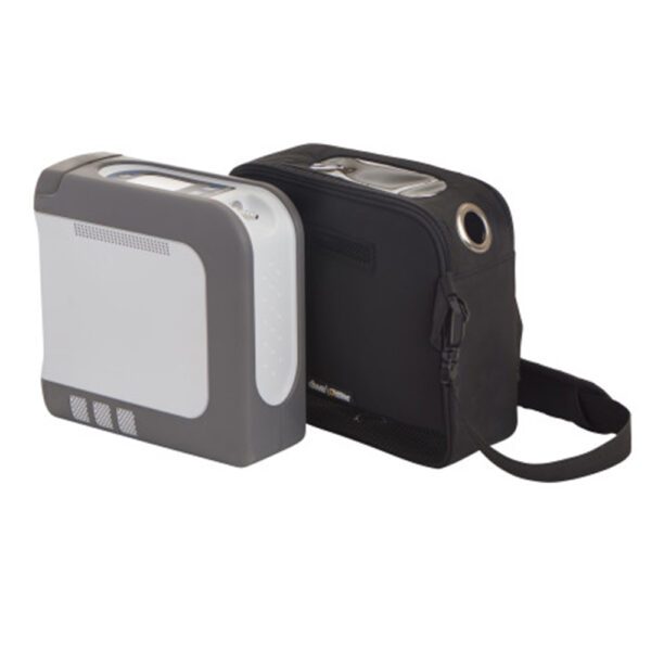 iGO2 Portable Oxygen Concentrator (Model 125D) featuring a compact design, SmartDose technology, Bluetooth connectivity, and a protective rugged overmold. Weighs less than 5 lbs.