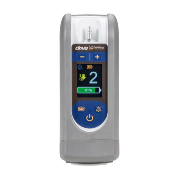 iGO2 Portable Oxygen Concentrator (Model 125D) featuring a compact design, SmartDose technology, Bluetooth connectivity, and a protective rugged overmold. Weighs less than 5 lbs.