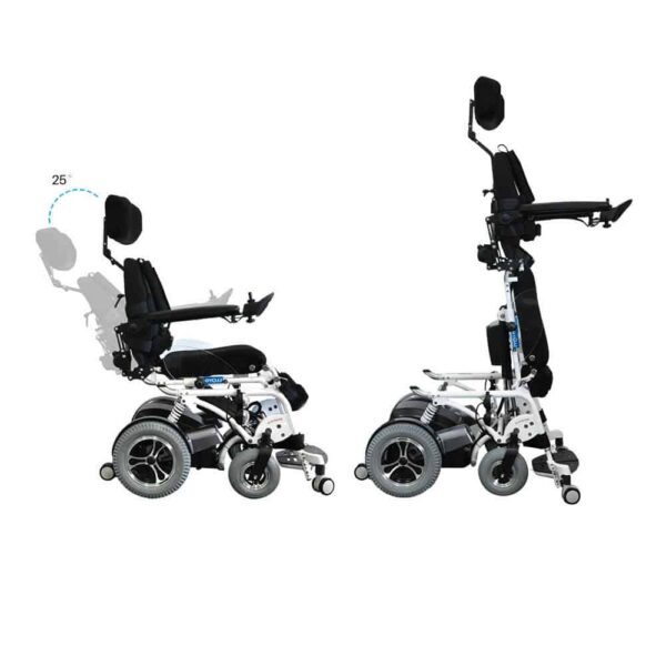 Phoenix Power Standing Wheelchair, showing power-assisted standing, reclining backrest, and LED lights for nighttime safety.