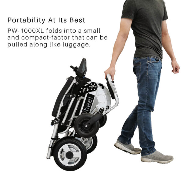 Foldawheel PW-1000XL power wheelchair folded, showing its lightweight and portable design, perfect for daily use and long trips.