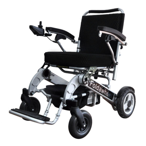 Foldawheel PW-1000XL power wheelchair folded, showing its lightweight and portable design, perfect for daily use and long trips.