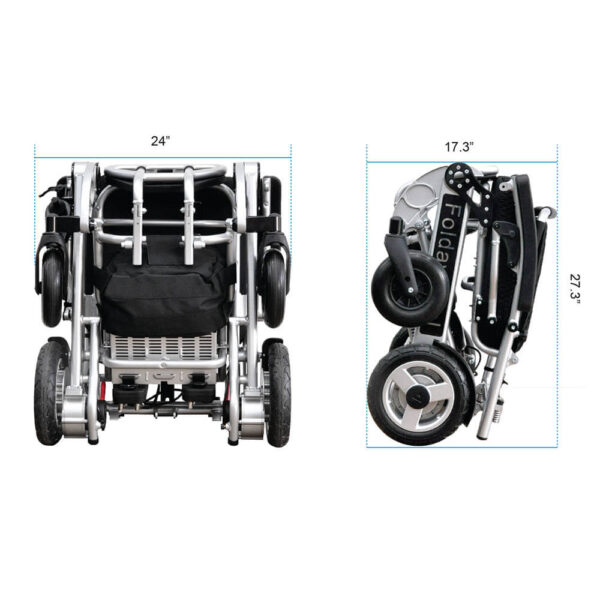 Foldawheel PW-1000XL power wheelchair folded, showing its lightweight and portable design, perfect for daily use and long trips.