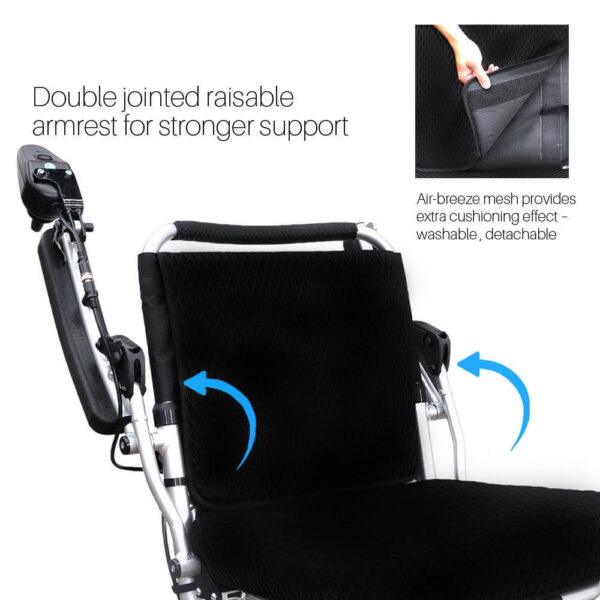 Foldawheel PW-1000XL power wheelchair folded, showing its lightweight and portable design, perfect for daily use and long trips.