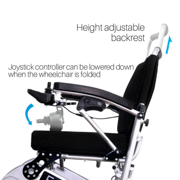 Foldawheel PW-1000XL power wheelchair folded, showing its lightweight and portable design, perfect for daily use and long trips.