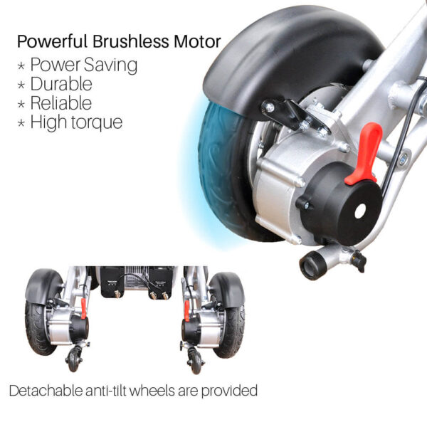 Foldawheel PW-1000XL power wheelchair folded, showing its lightweight and portable design, perfect for daily use and long trips.
