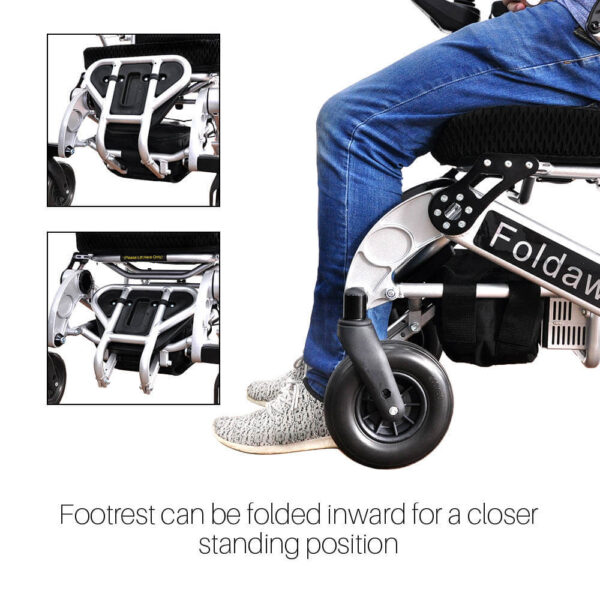 Foldawheel PW-1000XL power wheelchair folded, showing its lightweight and portable design, perfect for daily use and long trips.