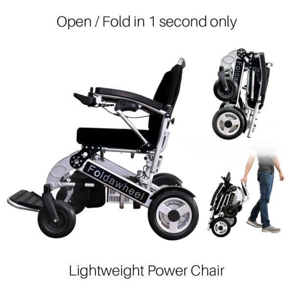 Foldawheel PW-1000XL power wheelchair folded, showing its lightweight and portable design, perfect for daily use and long trips.