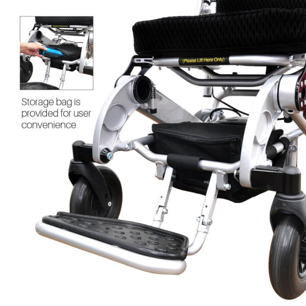 Foldawheel PW-1000XL power wheelchair folded, showing its lightweight and portable design, perfect for daily use and long trips.