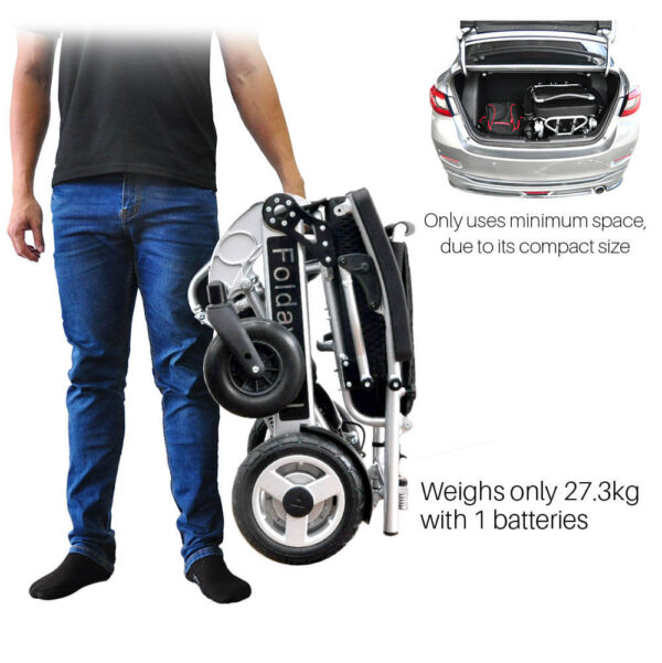 Foldawheel PW-1000XL power wheelchair folded, showing its lightweight and portable design, perfect for daily use and long trips.