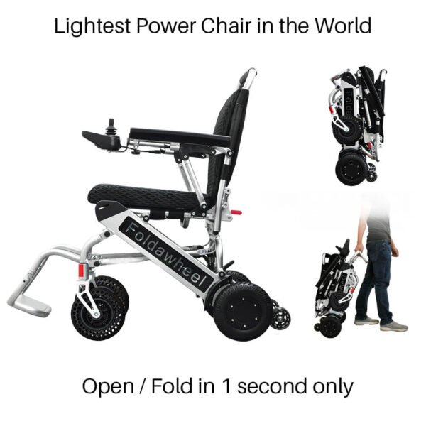 Foldawheel PW-999UL power chair folded, showing its lightweight and portable design, ideal for travel and everyday use.