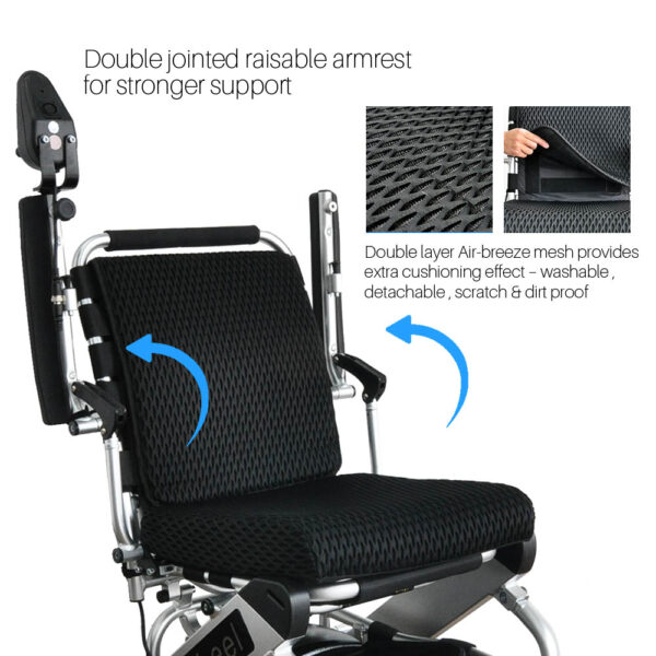 Foldawheel PW-999UL power chair folded, showing its lightweight and portable design, ideal for travel and everyday use.