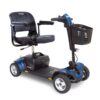 Go Go Sport 4-Wheel Mobility Scooter in blue with padded seat, solid tires, and four-wheel design for enhanced stability and portability.
