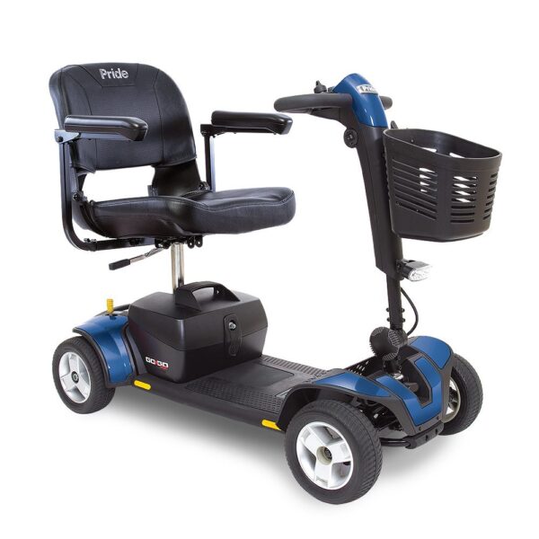 Go Go Sport 4-Wheel Mobility Scooter in blue with padded seat, solid tires, and four-wheel design for enhanced stability and portability.
