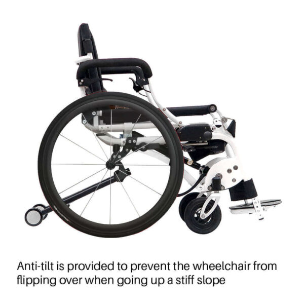 Leo Standing Wheelchair folded, showing lightweight aluminum frame and adjustable seat, designed for easy transport and daily use.