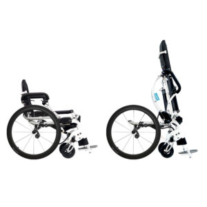 Leo Standing Wheelchair folded, showing lightweight aluminum frame and adjustable seat, designed for easy transport and daily use.