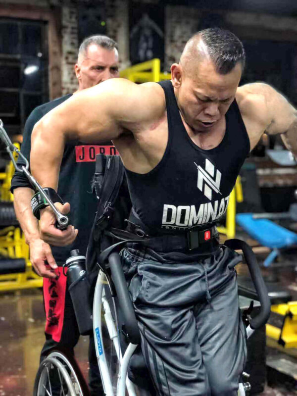 Leo Standing Wheelchair folded, showing lightweight aluminum frame and adjustable seat, designed for easy transport and daily use.