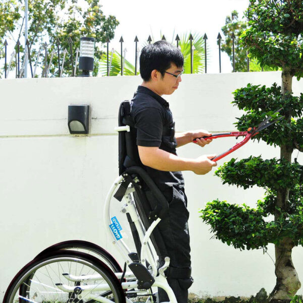 Leo Standing Wheelchair folded, showing lightweight aluminum frame and adjustable seat, designed for easy transport and daily use.