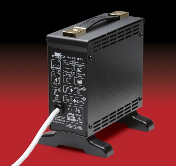 MK 8AMP Battery Charger for power chairs and scooters, featuring LED indicators and a 3-pin XLR connector for safe and efficient charging.