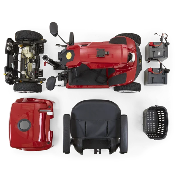 Companion 4-Wheel scooter in red, full-sized padded seat, large tires, designed for both indoor and outdoor use.