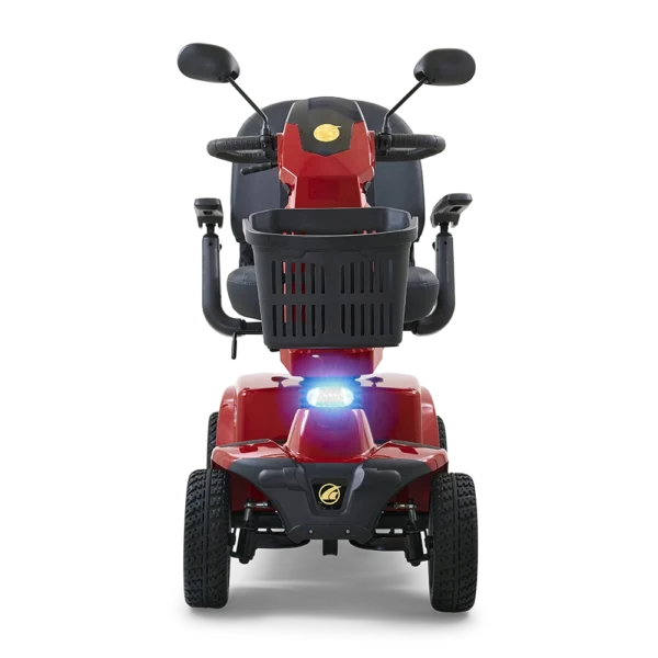 Companion 4-Wheel scooter in red, full-sized padded seat, large tires, designed for both indoor and outdoor use.