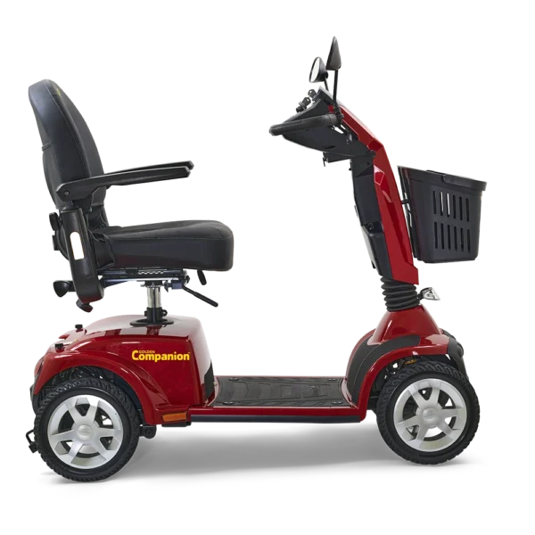 Companion 4-Wheel scooter in red, full-sized padded seat, large tires, designed for both indoor and outdoor use.