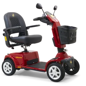 Companion 4-Wheel scooter in red, full-sized padded seat, large tires, designed for both indoor and outdoor use.