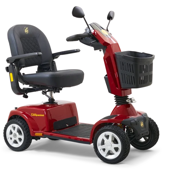 Companion 4-Wheel scooter in red, full-sized padded seat, large tires, designed for both indoor and outdoor use.
