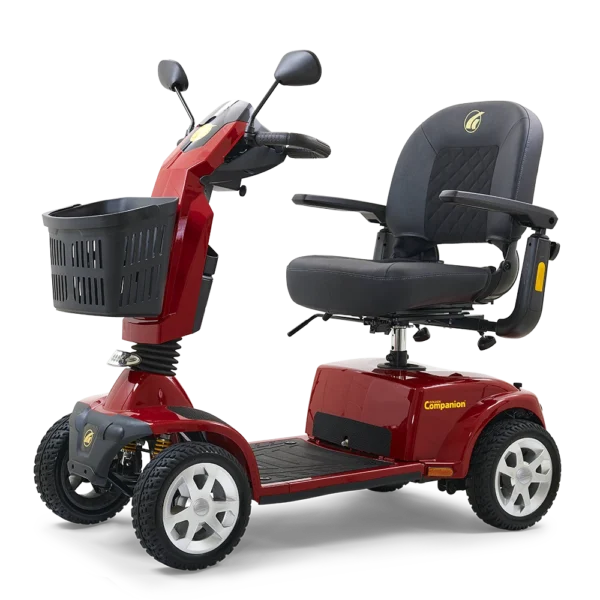 Companion 4-Wheel scooter in red, full-sized padded seat, large tires, designed for both indoor and outdoor use.