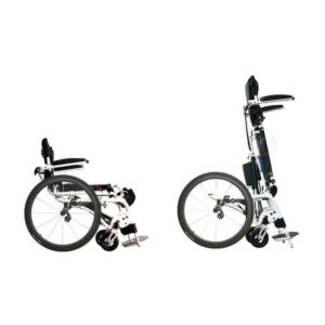Pegasus Semi-Power Standing Wheelchair folded, showing lightweight frame and power-assisted joystick controls.
