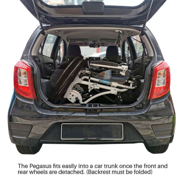 Pegasus Semi-Power Standing Wheelchair folded, showing lightweight frame and power-assisted joystick controls.