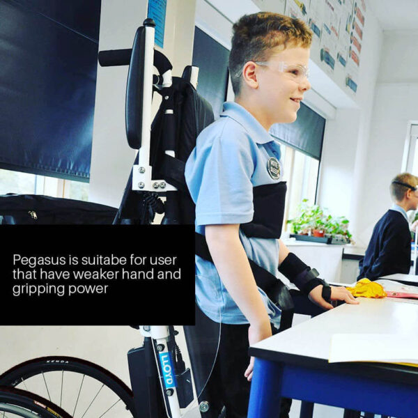 Pegasus Semi-Power Standing Wheelchair folded, showing lightweight frame and power-assisted joystick controls.