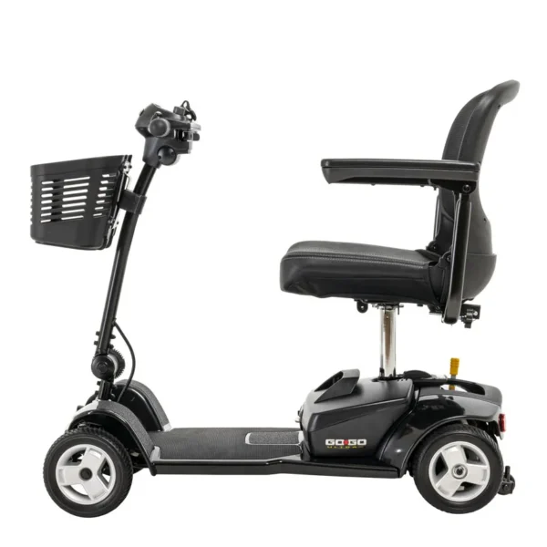 Go-Go Ultra X 4-Wheel Mobility Scooter in black, featuring a compact foldable seat, solid tires, and a lightweight, travel-friendly design.