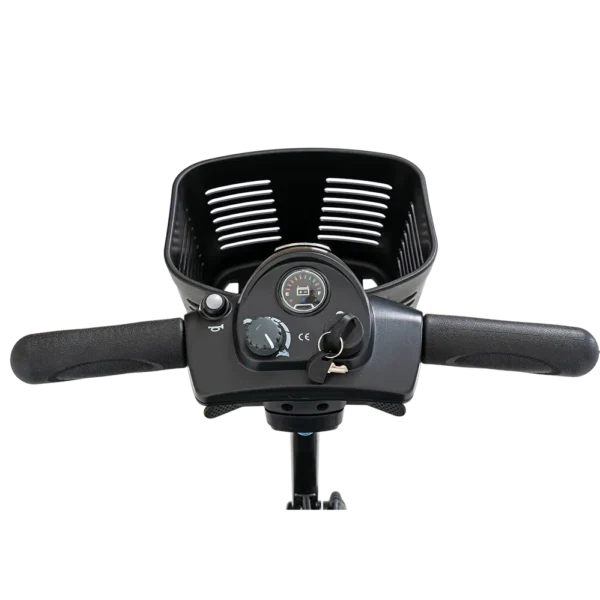 Go-Go Ultra X 4-Wheel Mobility Scooter in black, featuring a compact foldable seat, solid tires, and a lightweight, travel-friendly design.