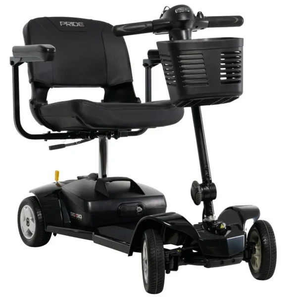 Go-Go Ultra X 4-Wheel Mobility Scooter in black, featuring a compact foldable seat, solid tires, and a lightweight, travel-friendly design.