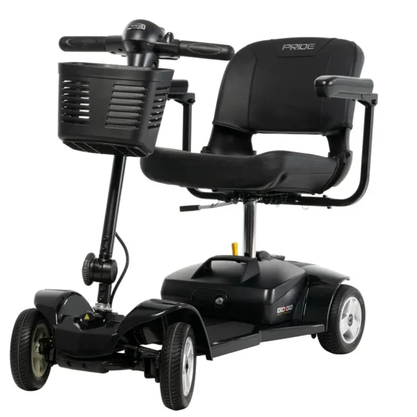 Go-Go Ultra X 4-Wheel Mobility Scooter in black, featuring a compact foldable seat, solid tires, and a lightweight, travel-friendly design.