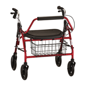 Mighty Mack Heavy Duty Rolling Walker with padded seat, large basket, 8” all-terrain wheels, and metallic red frame.