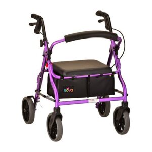 Nova Zoom 18 Rollator with 8-inch wheels, padded seat, adjustable handles, and a compact folding design, ideal for shorter users seeking reliable indoor and outdoor mobility.